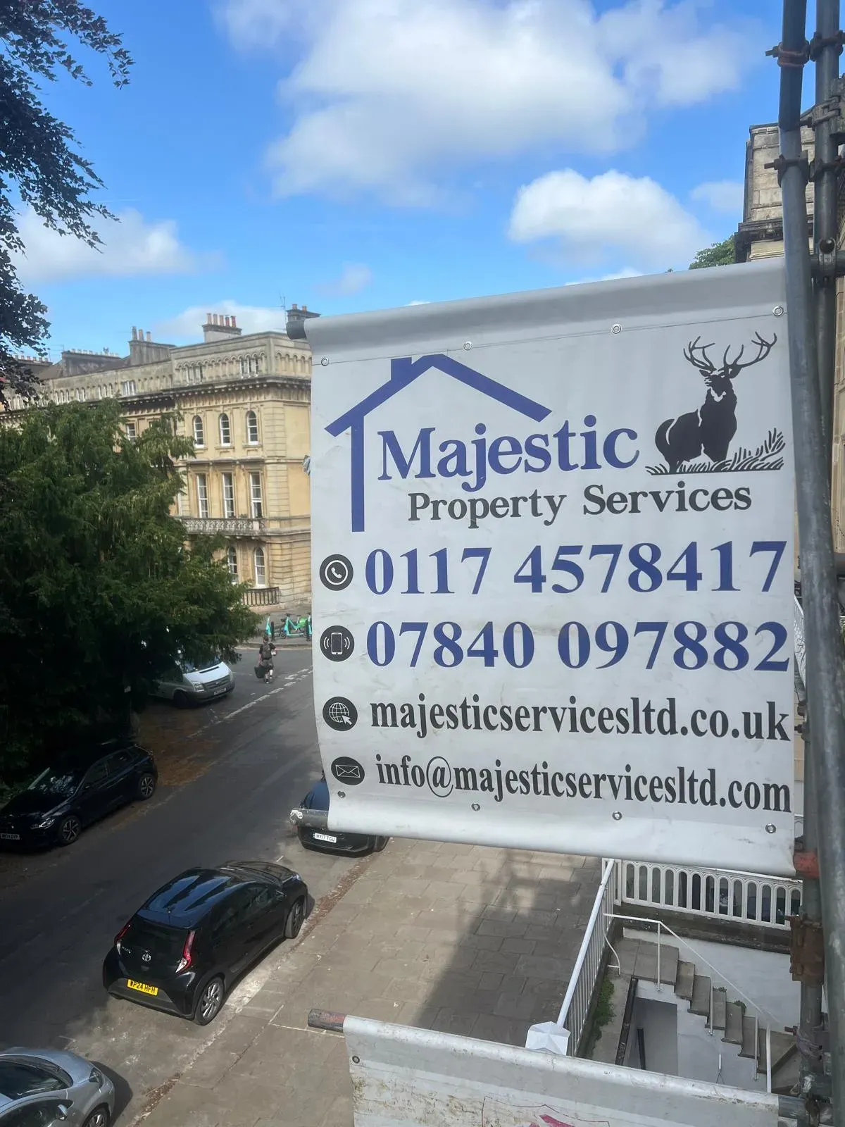 Majestic Property Services banner on a job site in Bath